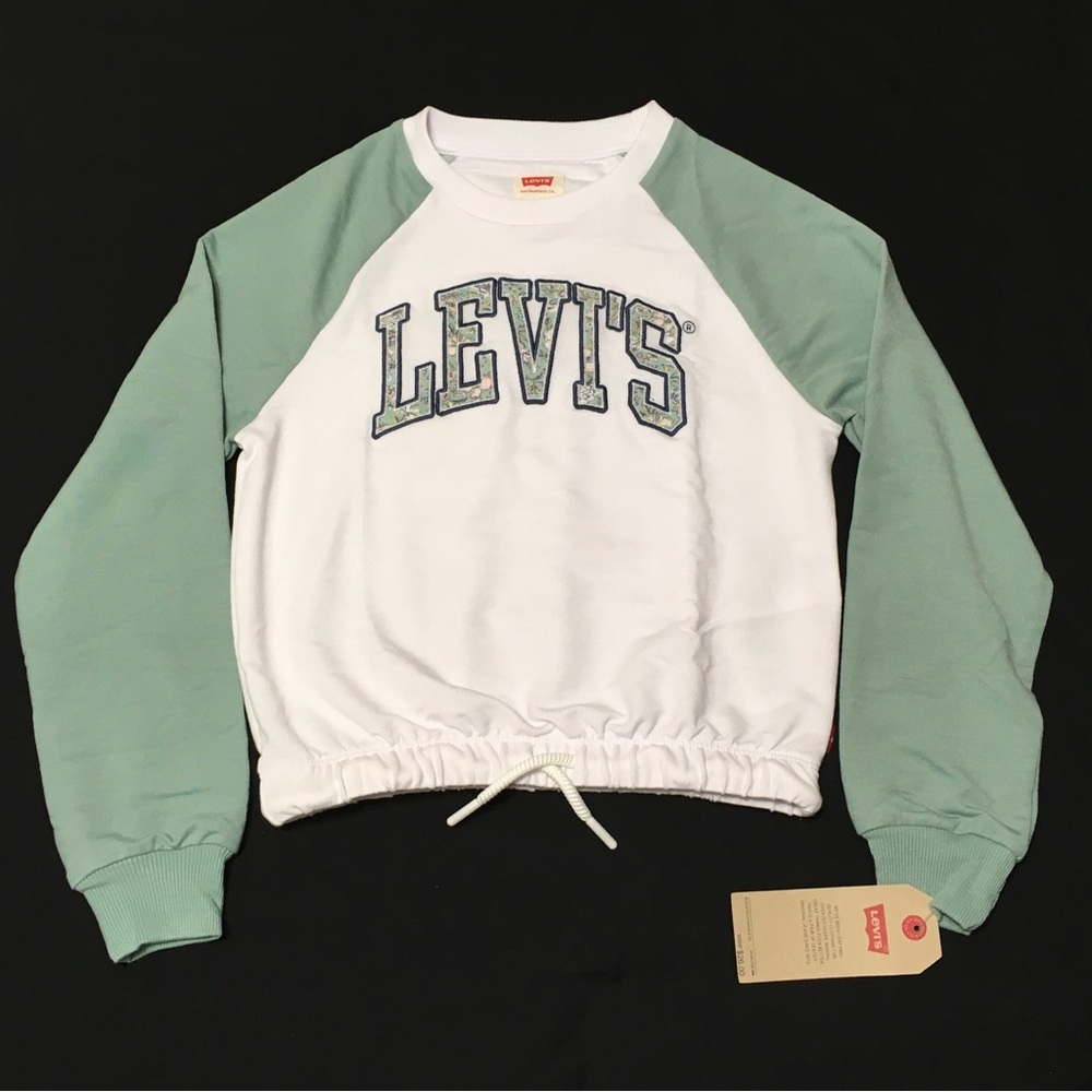 Levi's Girls Size 6X Green White Long Sleeve Floral Logo Drawstring T-Shirt